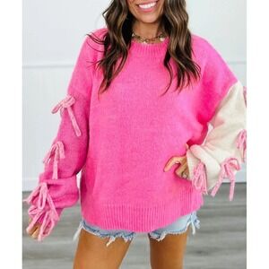 Fantastic Fawn Pink Cream Bow Women's Sweater S Coquette Girlycore Soft Girl